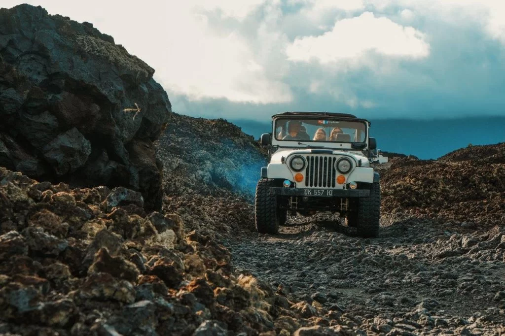 Jeep parked near Bali's volcanic landscapes